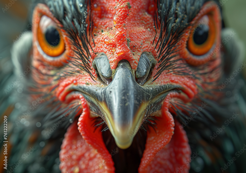Close up of rooster's head and beak Close up of rooster's head and beak