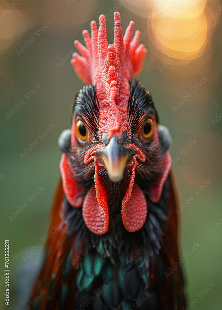 Portrait of rooster with red comb and yellow beak