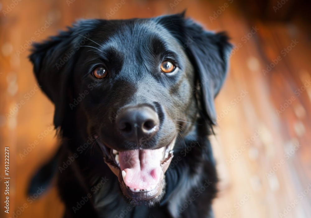 Close-Up Portrait of a Smiling Black Dog Indoors With Warm Lighting Close-Up Portrait of a Smiling Black Dog Indoors With Warm Lighting