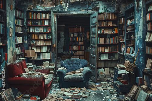 A haunting yet intriguing image of an abandoned library with books strewn about and decaying furniture