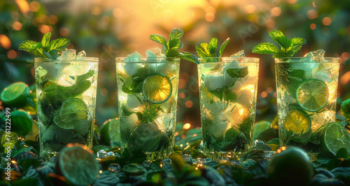 Four glasses of mojito cocktail on sunny day photo