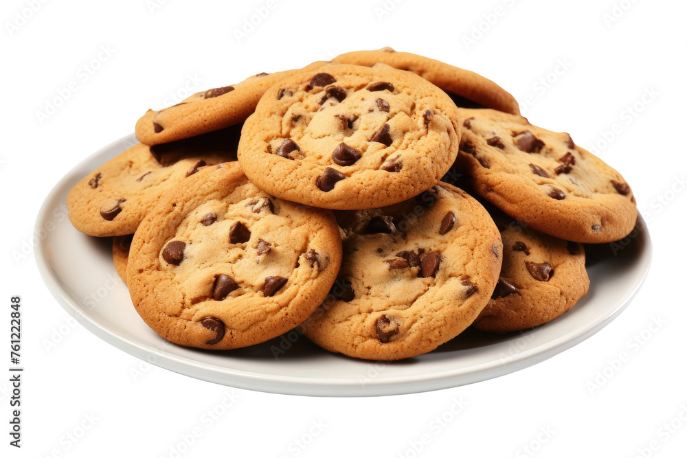 Plate of Chocolate Chip Cookies on White Plate. On a White or Clear Surface PNG Transparent Background. Plate of Chocolate Chip Cookies on White Plate. On a White or Clear Surface PNG Transparent Background.