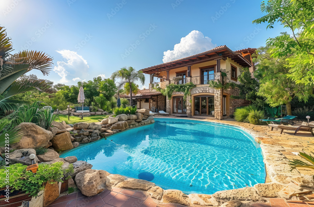 Beautiful home with swimming pool and rock wall in the backyard