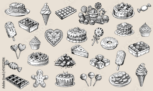 Monochrome illustration featuring array of desserts