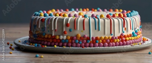 Birthday colorful cake decorated with sweets on a blue background poured with chocolate. 3d. Generative AI 