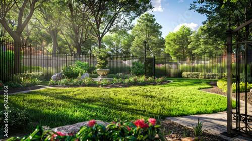 Beautifully maintained summer garden surrounded by metal fence