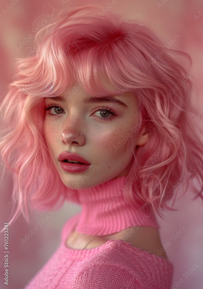 girl with pink hair pink sweater and serious face girl with pink hair pink sweater and serious face