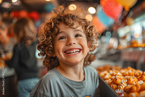 A curly-haired boy grins widely in a party setting surrounded by tasty party snacks and a joyful atmosphere