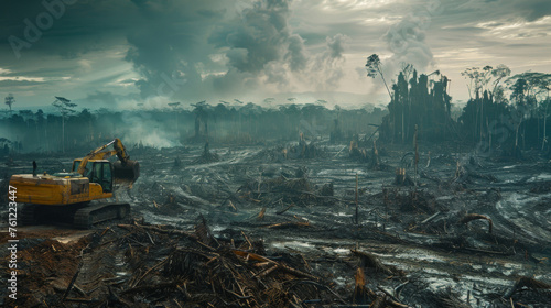  The stark contrast of deforestation: a lone yellow digger surrounded by the remnants of trees against a backdrop of a pristine forest under a cloudy sky.