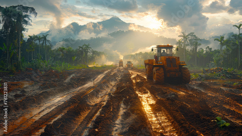  The aftermath of deforestation captured as muddy tracks converge on a heavy-duty machine standing amid toppled trees and stumps in a tropical setting.