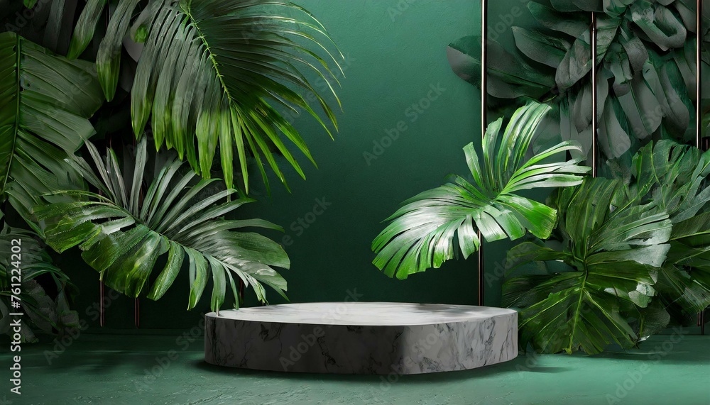 Tropical Opulence: 3D Rendered Podium Display with Dark Green Wall and Leafy Backdrop Tropical Opulence: 3D Rendered Podium Display with Dark Green Wall and Leafy Backdrop