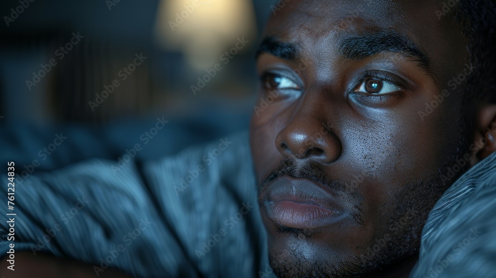 Pensive Black Man Bedroom Thoughtful Expression Pensive Black Man Bedroom Thoughtful Expression