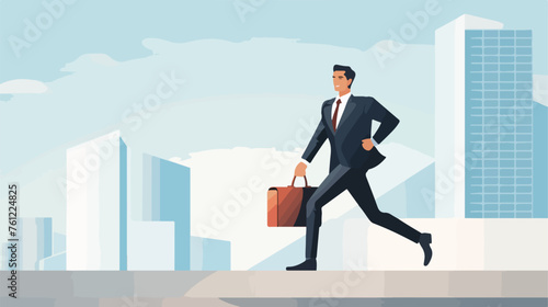 Businessman running up stair and holding briefcase i