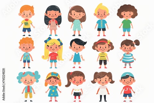 Wallpaper Mural Variety of cartoon vector children in colorful outfits. A diverse group of cartoon children standing in row wearing various colorful outfits representing different styles and personalities  Torontodigital.ca