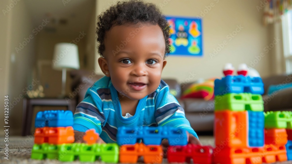 African American Toddler Playing with Building Blocks at Home African American Toddler Playing with Building Blocks at Home