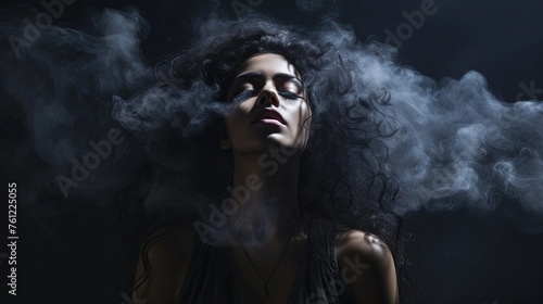 Woman alone in the dark, solitude, war, depression, smoke, black background. © Flying Fred