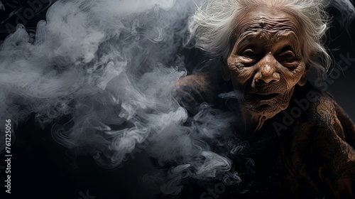 Old woman alone in the dark, solitude, war, depression, smoke, black background.