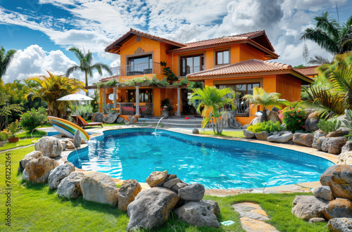 Beautiful home with swimming pool and rock wall in the backyard