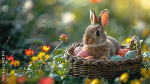 Rabbit with Easter Eggs in Basket Among Spring Flowers.