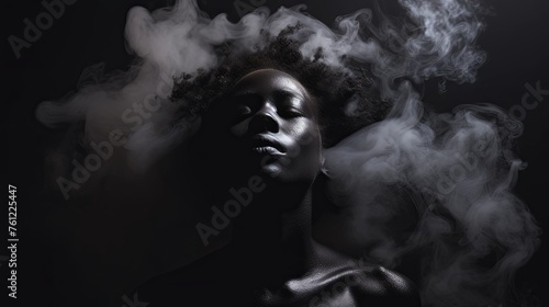 Black woman alone in the dark, solitude, war, depression, smoke, black background. © Flying Fred