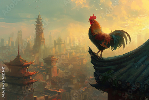 a chicken on a tall building in the city photo