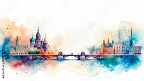 calming watercolor painting depicting a cityscape prominent bridge crossing river. buildings streets illustrated delicate brushstrokes, capturing the tranquil essence of the scene. Banner. Copy space