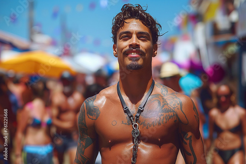 Sexy muscular latino gay man in leather harness at the LGBT parade on the street © alexkoral
