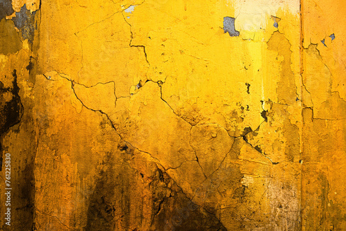 Vibrant yellow wall of old ruined house with cracks and stains as background