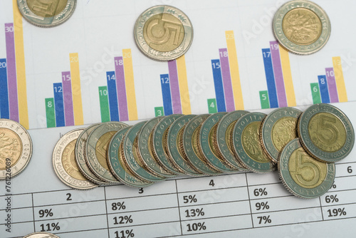Polskie pieniądze monety pln leżą na wykresach, dokumentach finansowych
