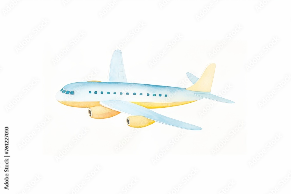 Airplane in Flight, cute whimsical modern water color illustration, isolated on white background.