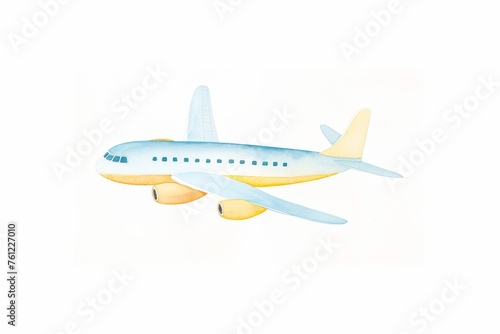 Airplane in Flight, cute whimsical modern water color illustration, isolated on white background.