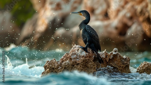 Socotra Cormorant Limestone Rock Water Streak Backdrop