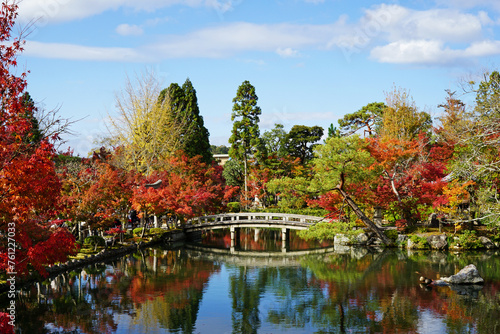 Natural landscape of Maple Autumn leaves changing color park at Tenryuji garden temple with river pond- Kyoto, Japan