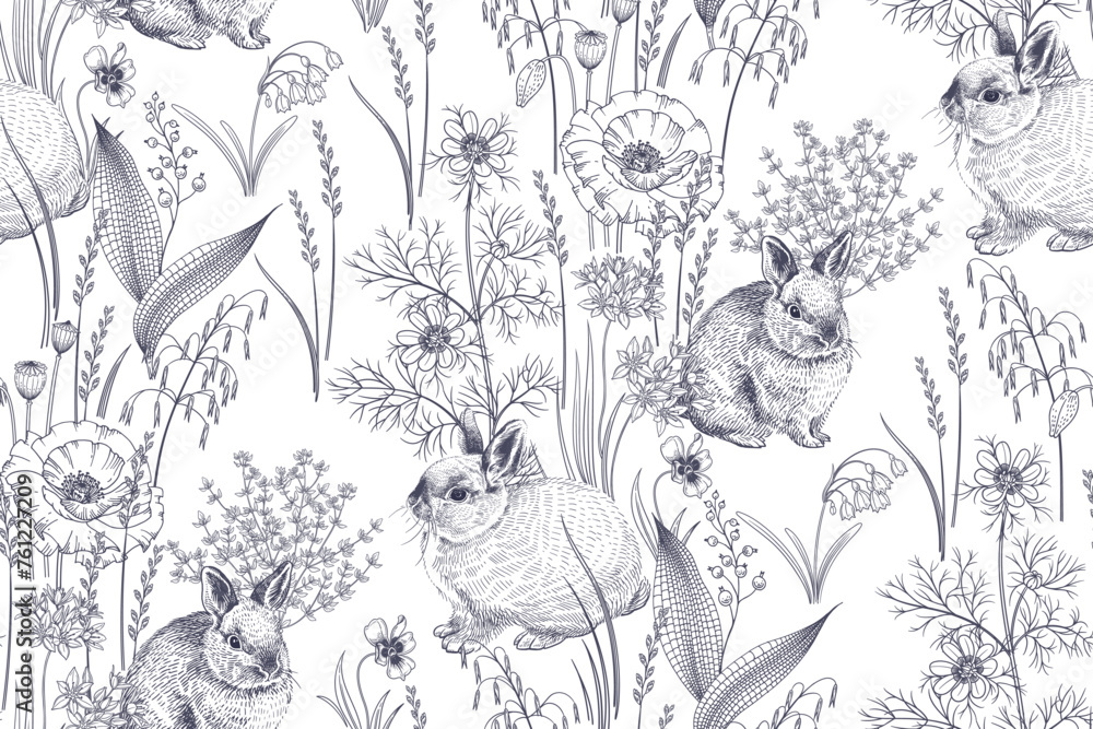 Hares and wildflowers. Spring seamless pattern. Hares and wildflowers. Spring seamless pattern.