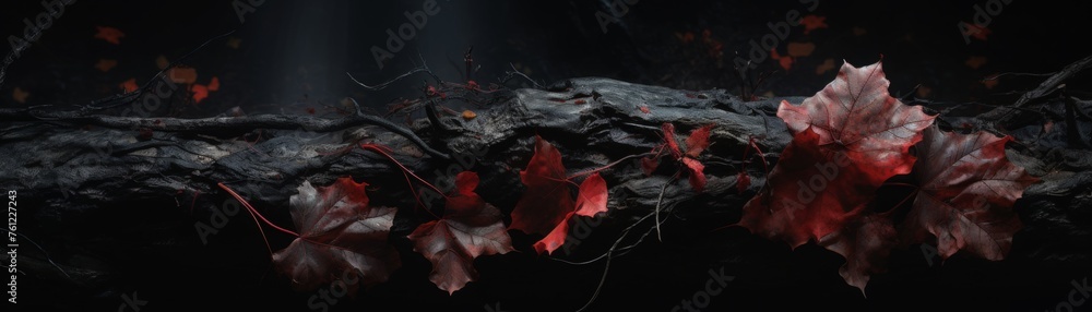 Autumn forest maple leaves fall on ground, background wallpaper, bright bold colors, pink tone,--ar 5:4 - obrazy, fototapety, plakaty 