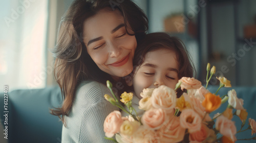 A mother and child share a tender embrace, with the child holding a bouquet of flowers.