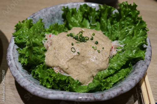 Close up Kani Miso, Japanese crab meat salad