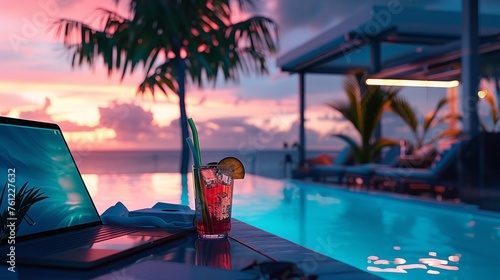  A person working remotely from a rooftop poolside cabana with a laptop and tropical drink
