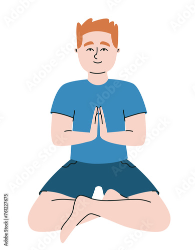 Man in lotus position. Male person in doodle style.