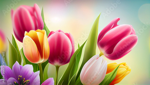 Spring tulip bouquet on blurred bokeh background, isolated flowers. Bright colourful composition. Generative AI