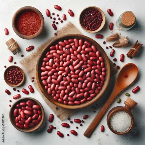  Red adzuki beans isolated on white background. Top view. Flat lay. photo