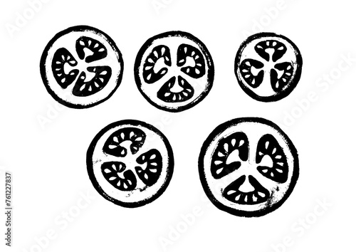 A set of slices of tomatoes cut into rings. In black color. Isolated on white background. Different in size. Stylized illustrations. Have a print texture. Printmaking style.