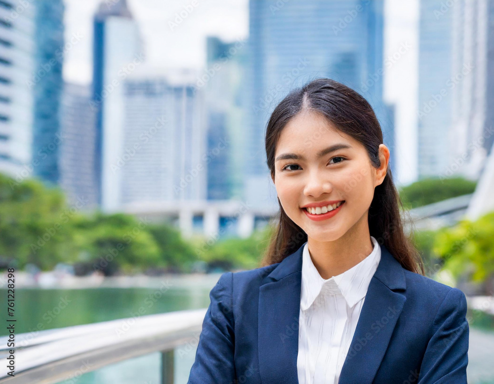 Portrait woman business smiling happy asian businesswoman front building office in asia Portrait woman business smiling happy asian businesswoman front building office in asia