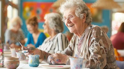 Elderly individuals engaging in art and craft activities, such as painting or pottery,	