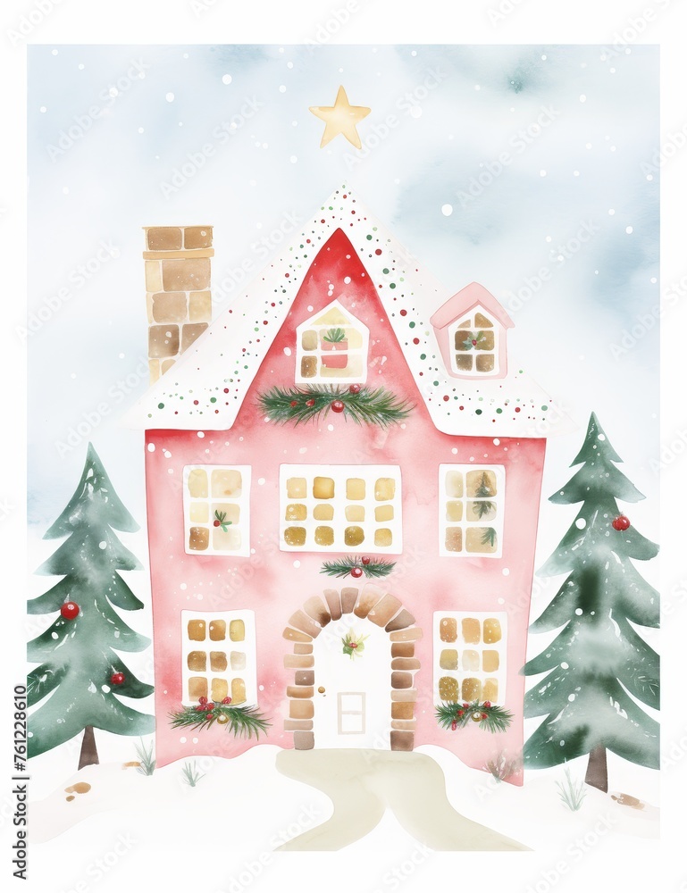 cozy christmas, cute whimsical modern water color illustration, isolated on white background.