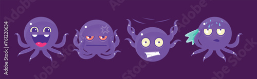 Cute Purple Octopus Character Showing Various Emotion Vector Set