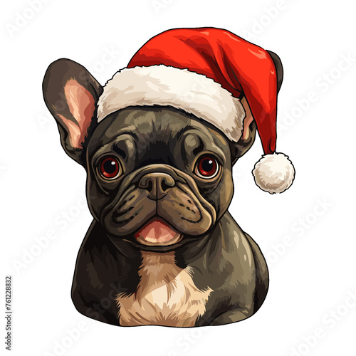 french bulldog wearing santa claus hat, watercolor christmas clipart