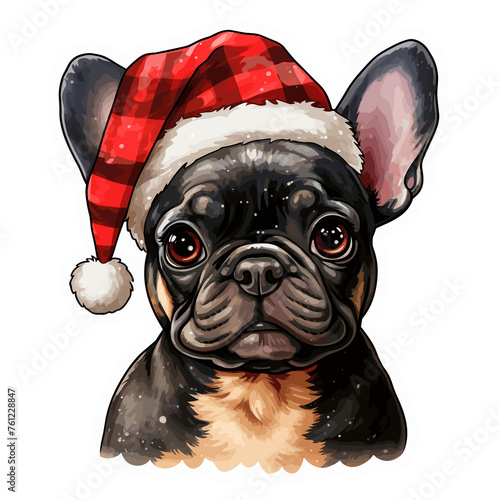 french bulldog wearing santa claus hat, christmas watercolor clipart