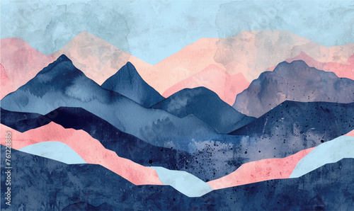 watercolor landscape backgound pink and blue mountains