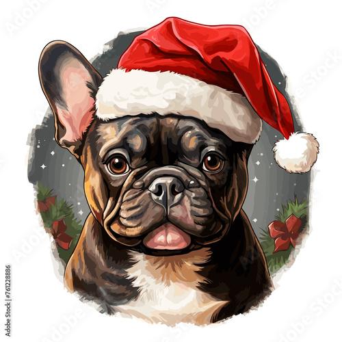 french bulldog wearing santa claus hat, watercolor clipart